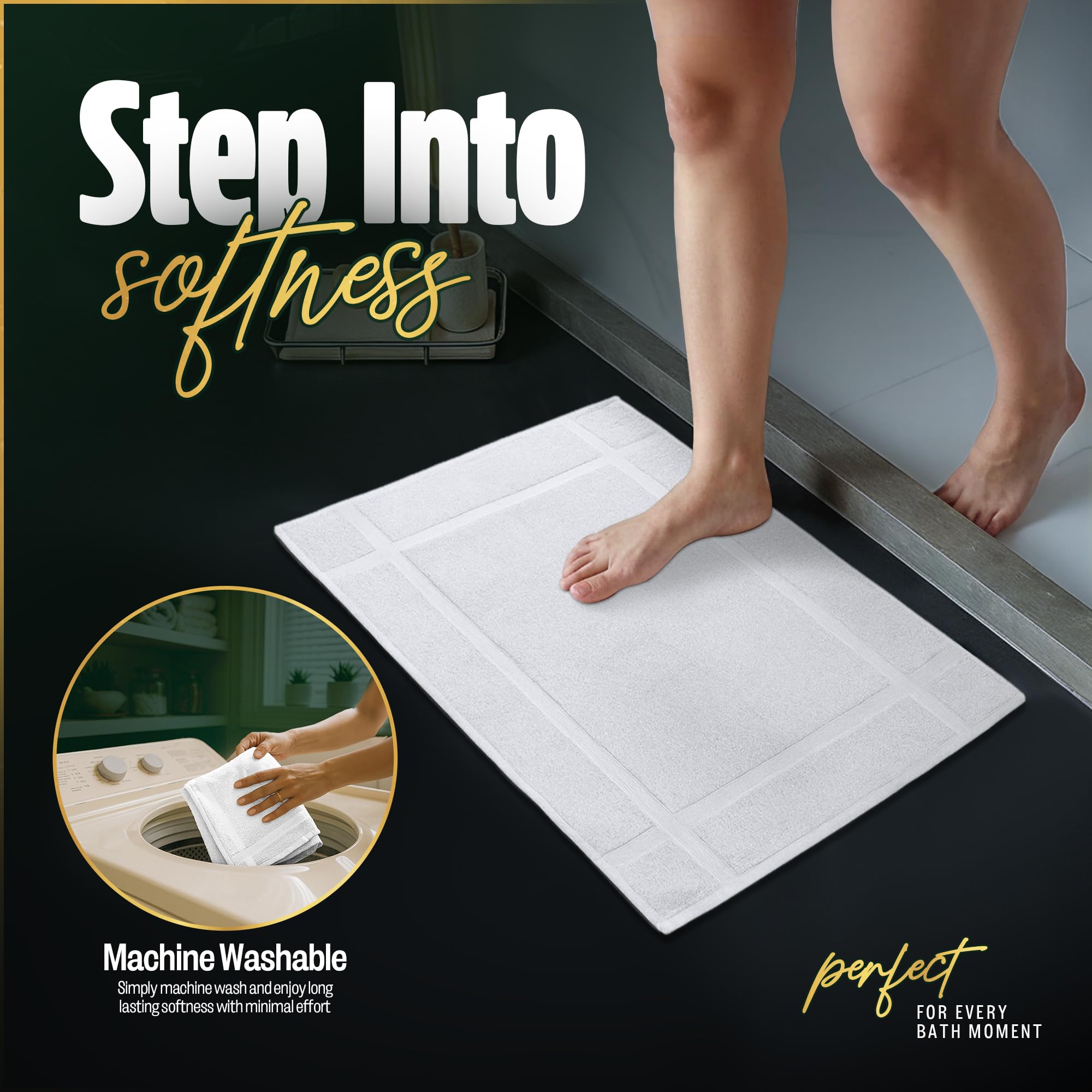 Stacked Pearl Linens mats create a clean bathroom look