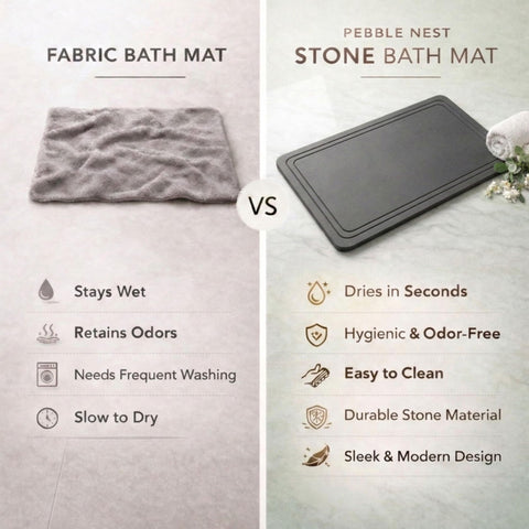 Pebble Nest Stone Bath Mat features a durable, easy-care surface.