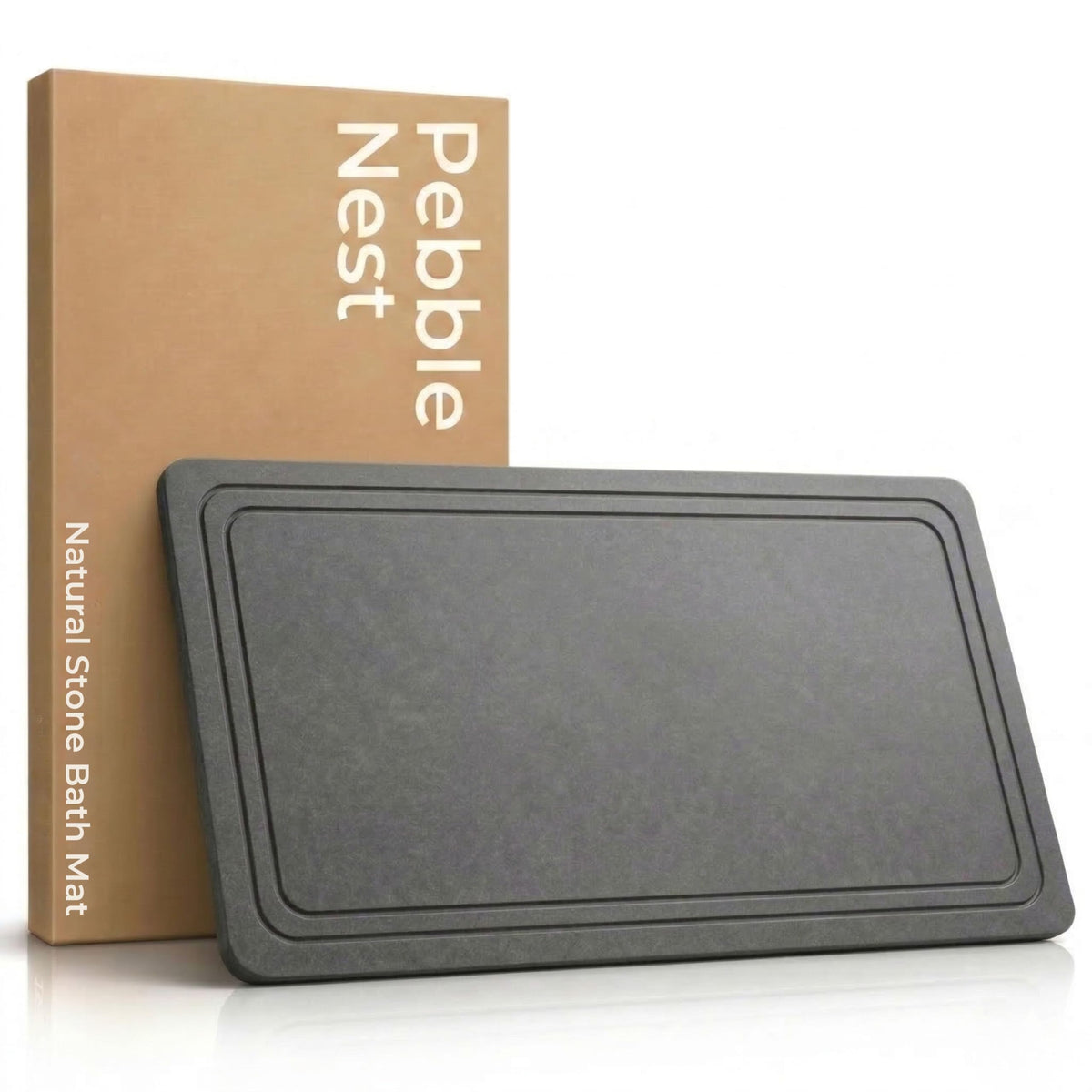 Pebble Nest Stone Bath Mat in slate grey offers quick-drying surface.