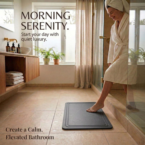 Pebble Nest Stone Bath Mat with non-slip base for stability.