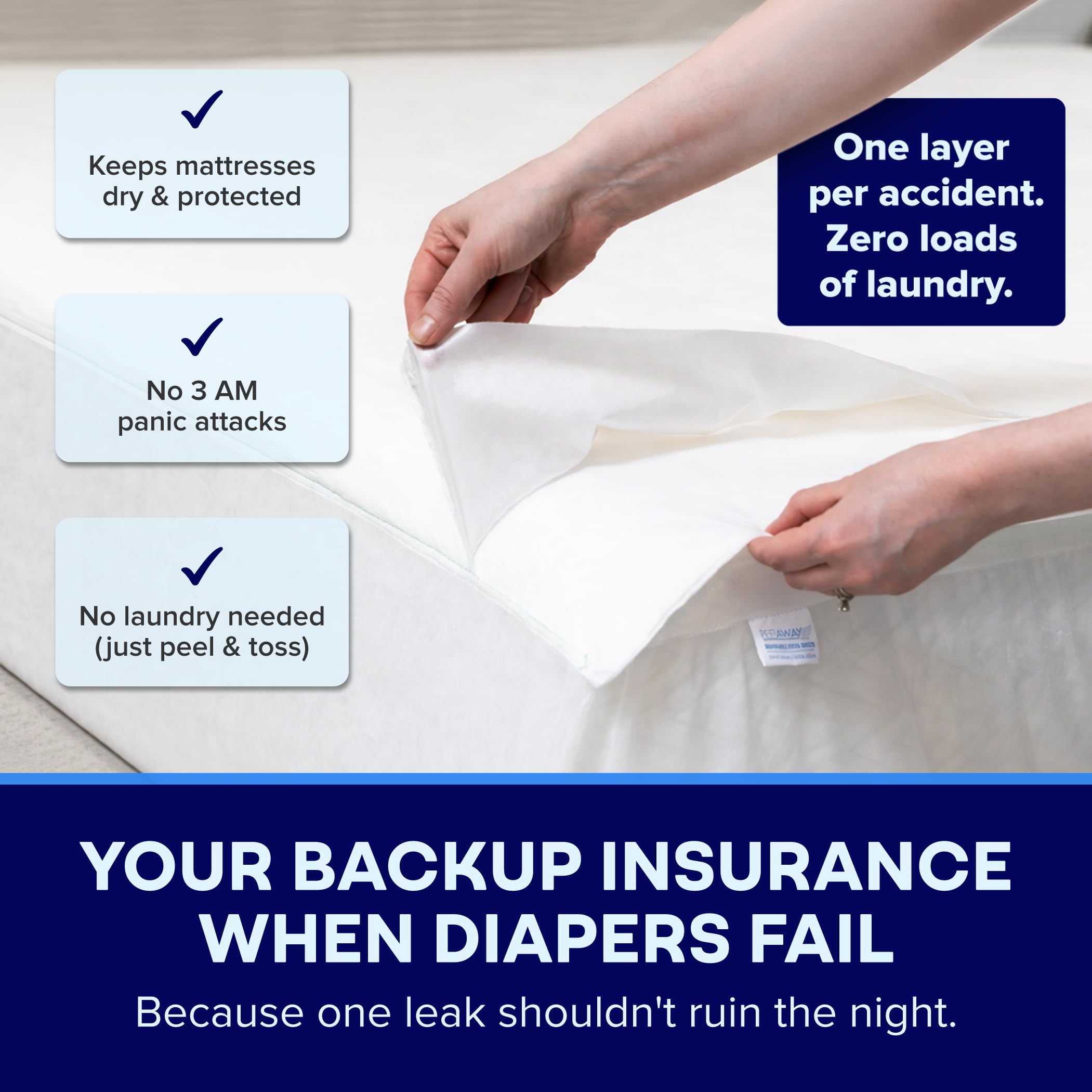 PeelAways waterproof mattress protector layer demonstrates leak protection.