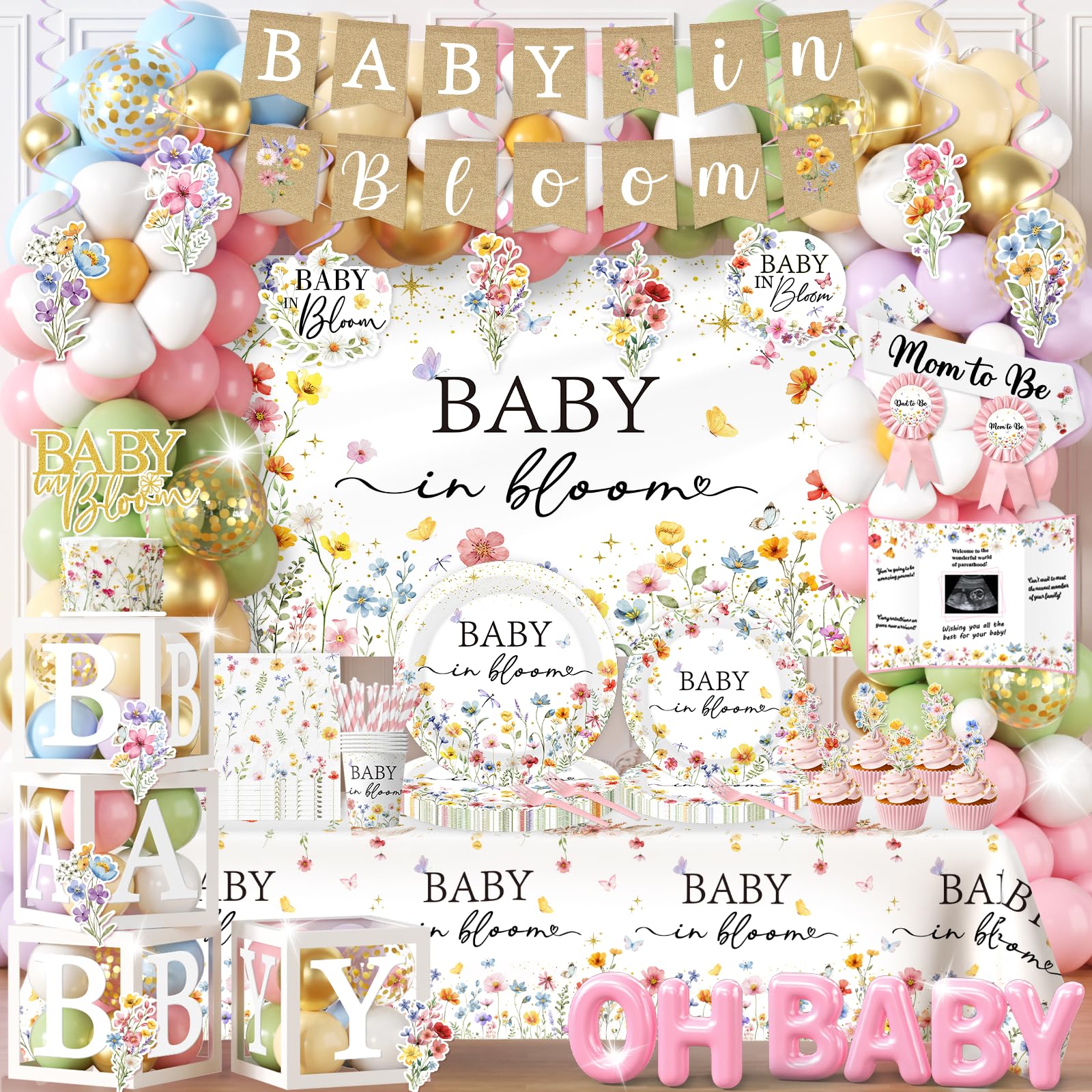 Peghoqu Baby in Bloom banner with soft pink florals for an elegant shower backdrop