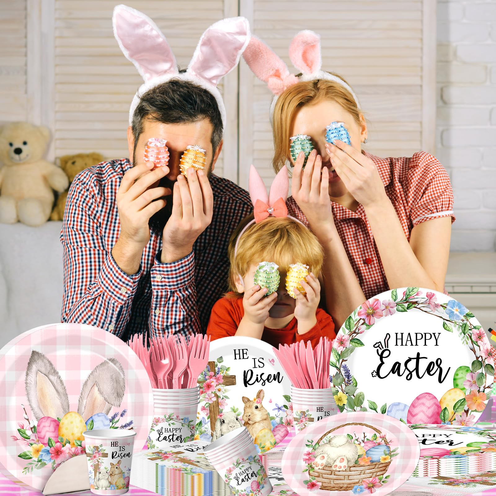 Peghoqu He Is Risen Easter dessert plates showing two designs for elegant courses
