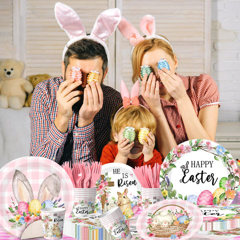 Peghoqu He Is Risen Easter dessert plates showing two designs for elegant courses