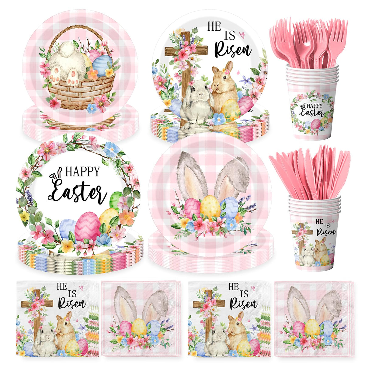 Peghoqu He Is Risen Easter dinner plates with pink bunny cross design for festive meals