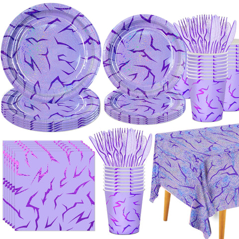 Peiking Demon Hunter plates with purple holographic energy pattern for a themed party