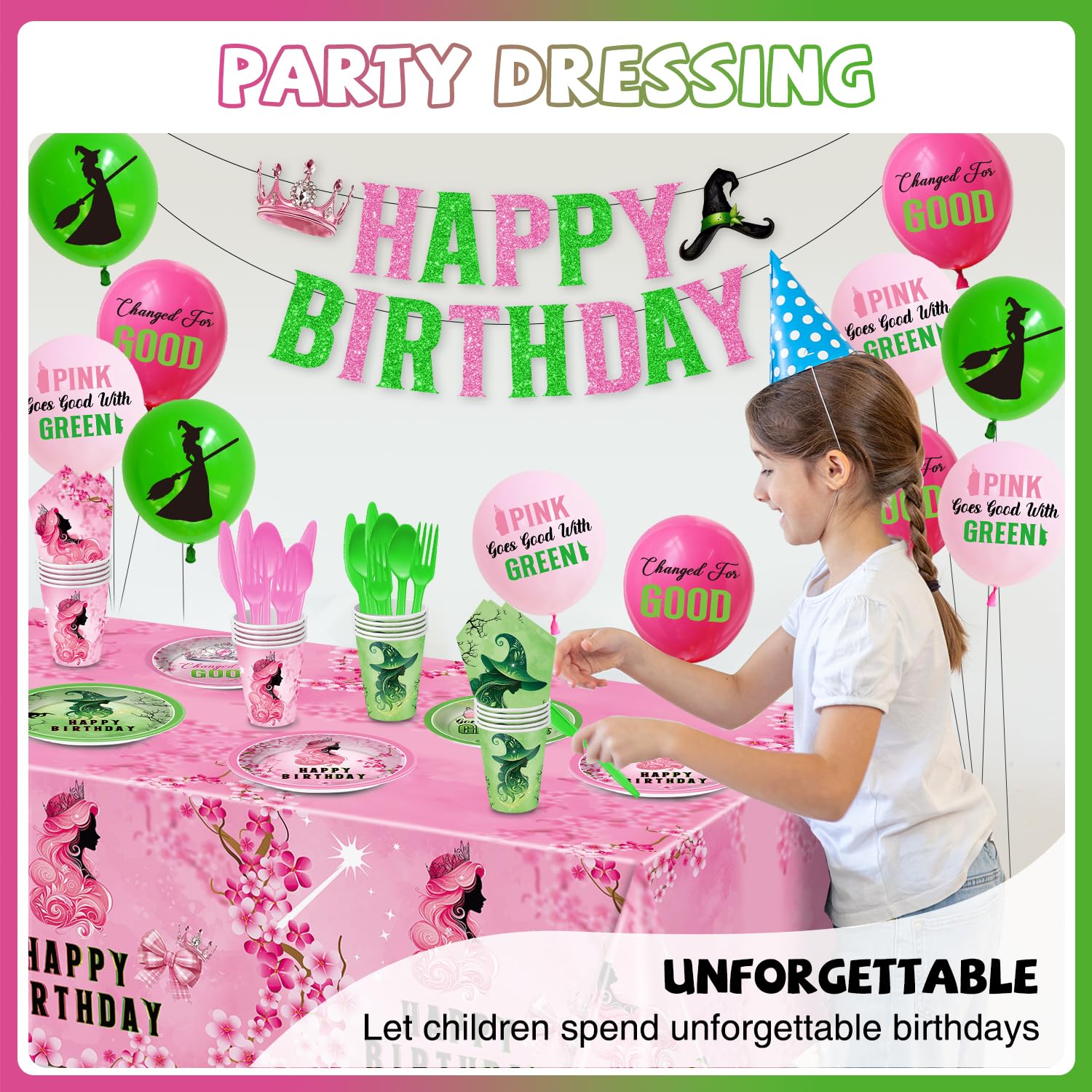 Pekeng pink-green birthday kit utensils offer sturdy serving options.