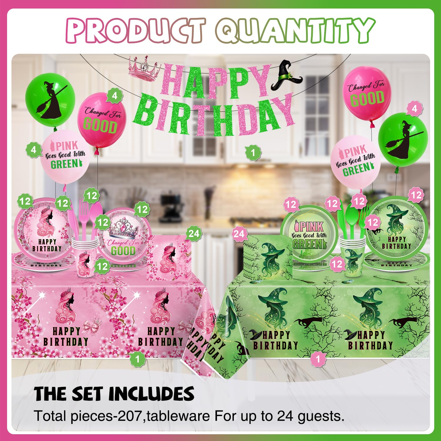 Pekeng pink-green birthday kit cartoon tablecloth ties the theme together.