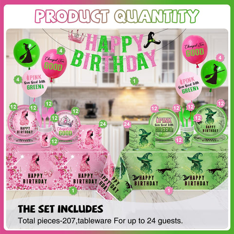 Pekeng pink-green birthday kit cartoon tablecloth ties the theme together.