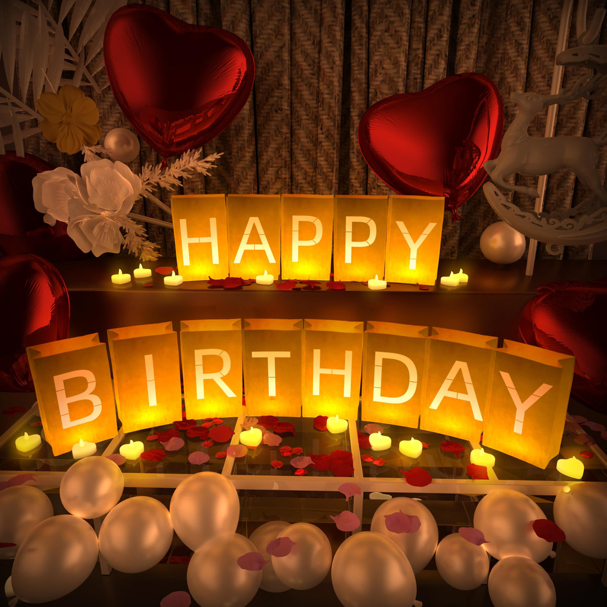 Peledic Happy Birthday letters light up, creating a warm birthday backdrop for photos