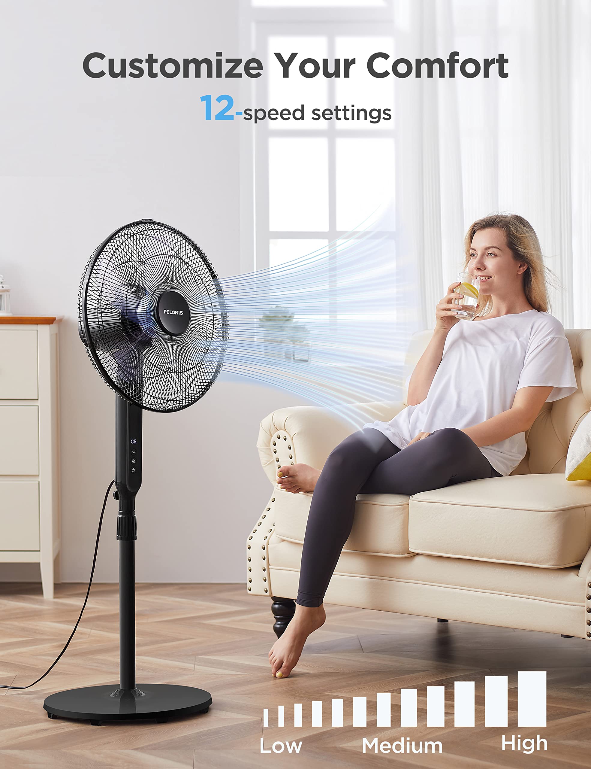 Pelonis 16-inch height adjustable stand in a contemporary room