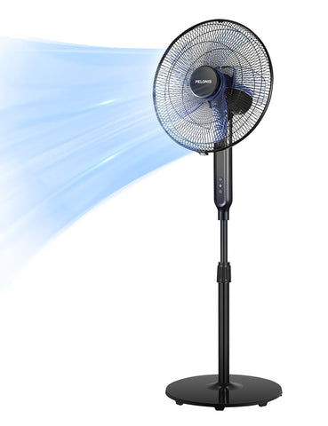 Pelonis 16-inch oscillating pedestal fan front view showing broad airflow