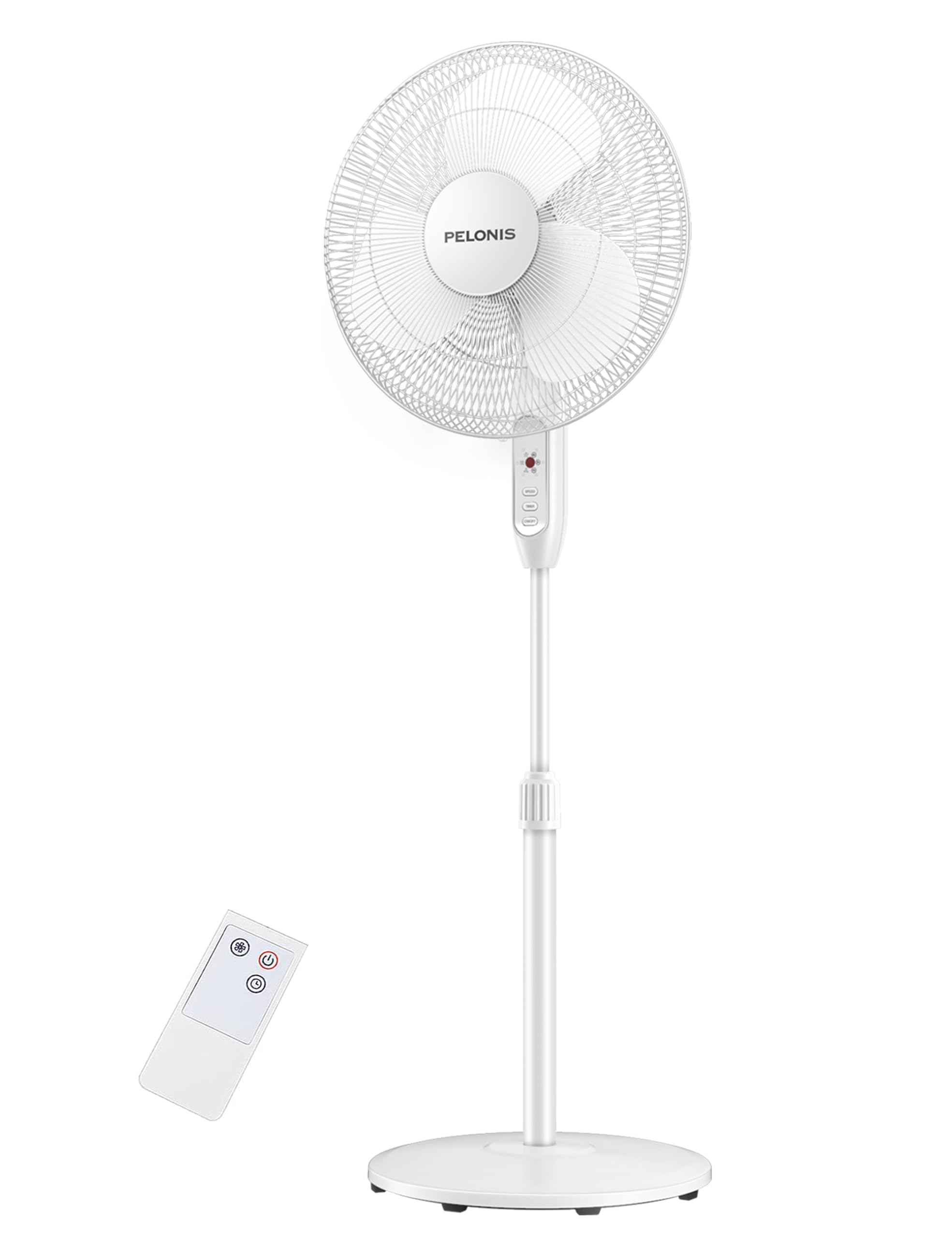 PELONIS pedestal fan front view with remote for quiet cooling.