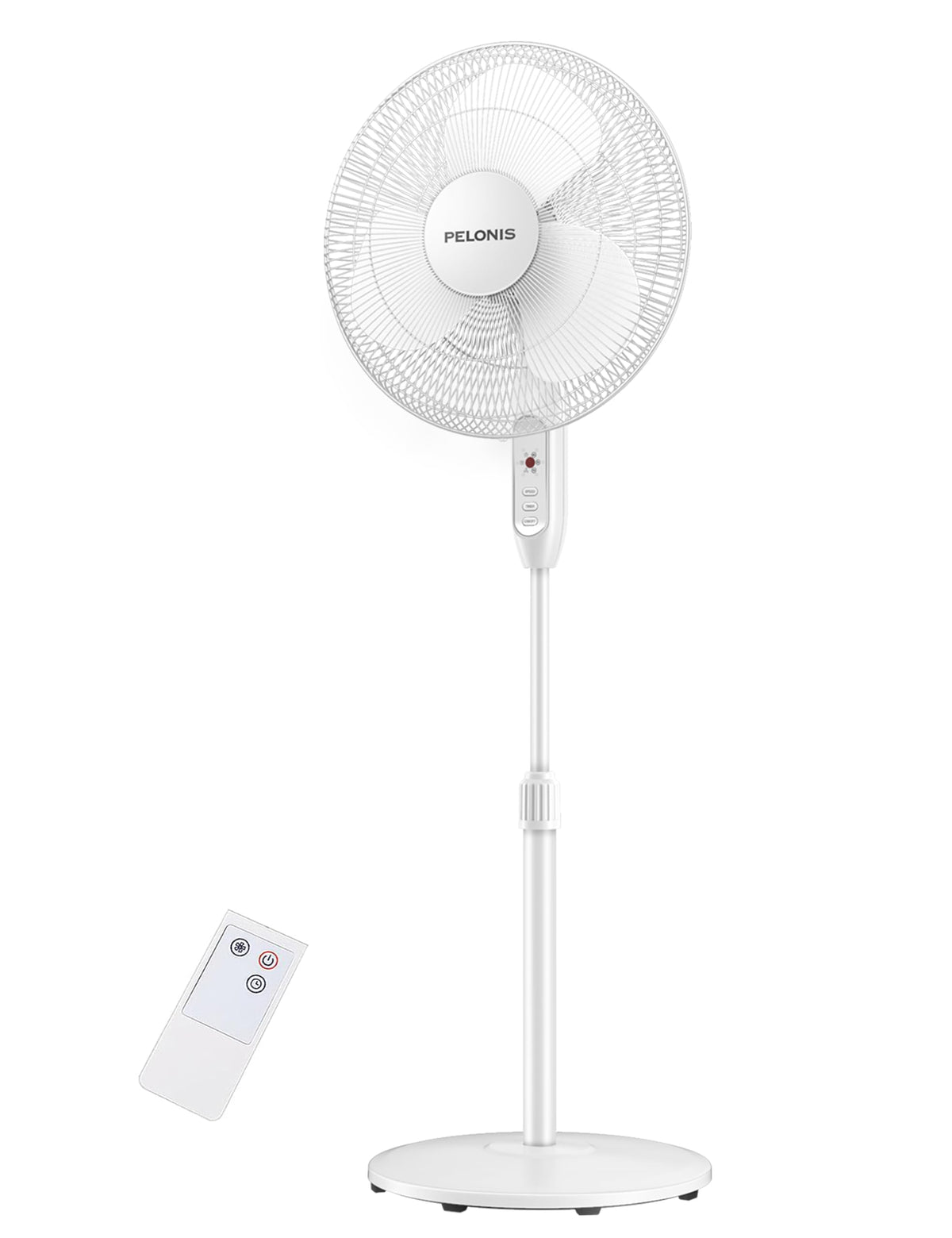 PELONIS pedestal fan front view with remote for quiet cooling.