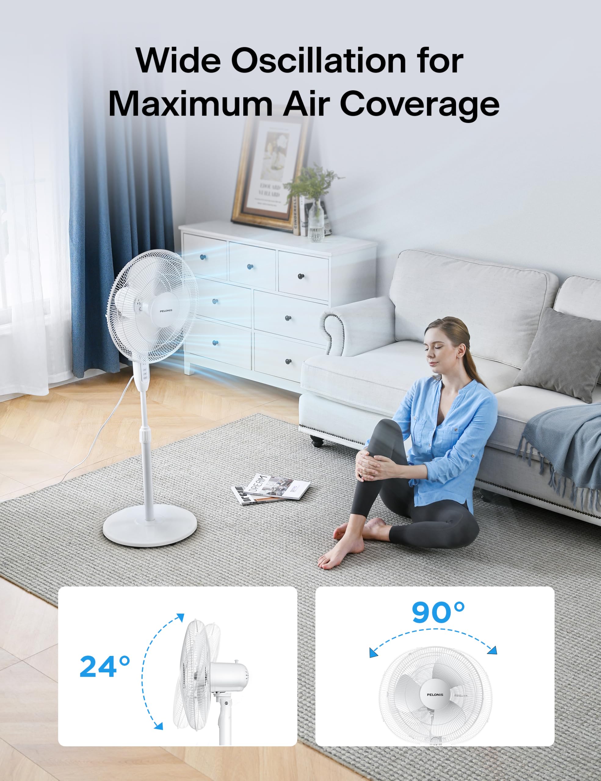 PELONIS pedestal fan height-adjustable column for personalized comfort.