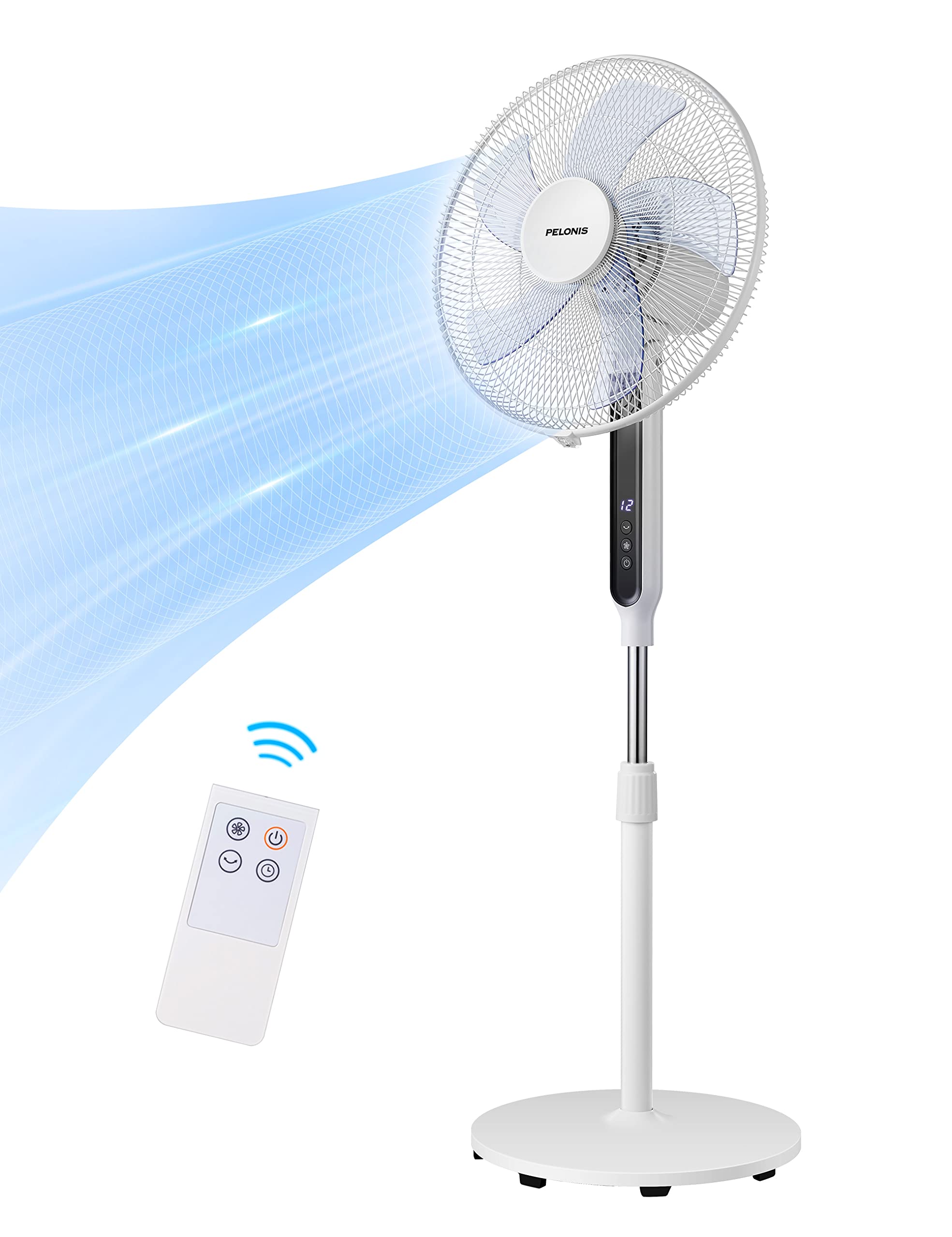 Pelonis 16in oscillating pedestal fan front view, whisper-quiet cooling for bedrooms.