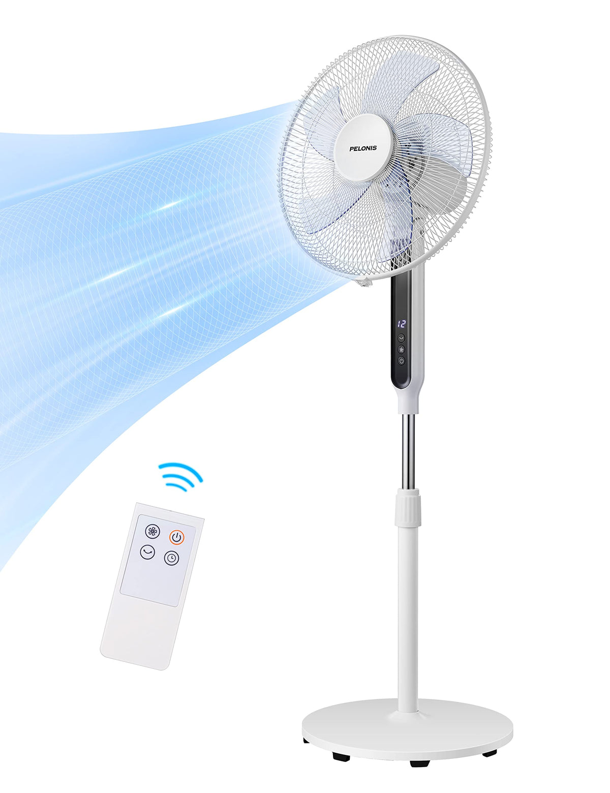 Pelonis 16in oscillating pedestal fan front view, whisper-quiet cooling for bedrooms.