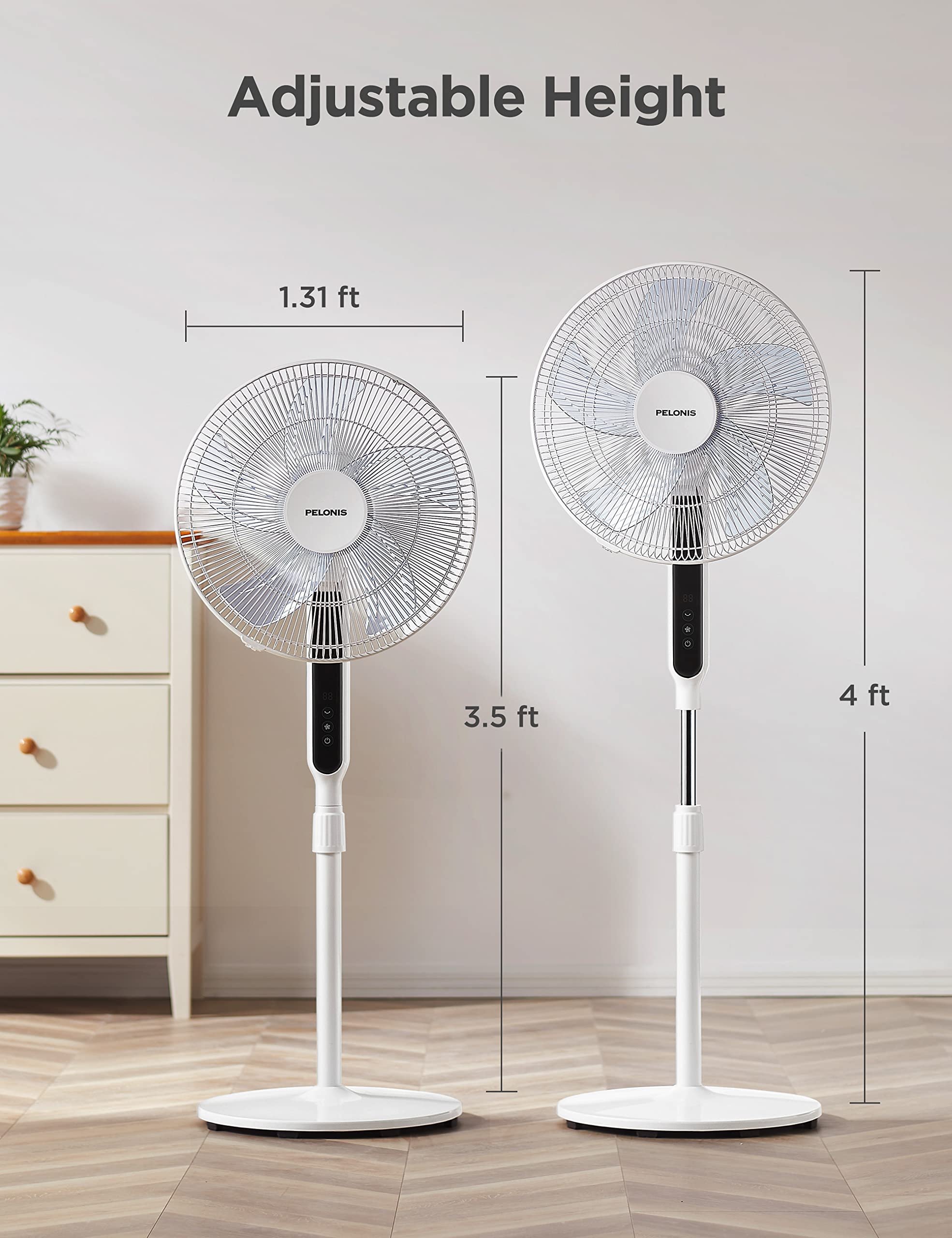 Pelonis height adjustment feature, flexible placement for sofa or bed.