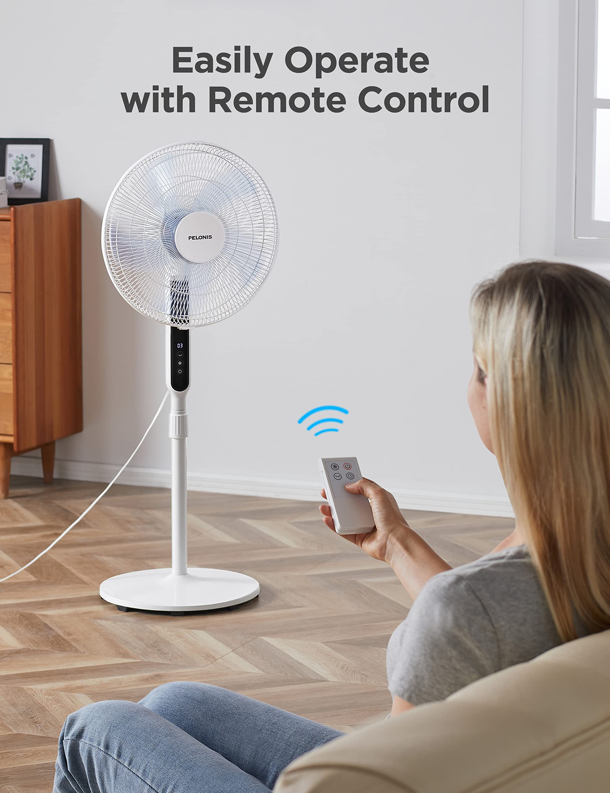 Pelonis in-room use showing quiet cooling in a living area.