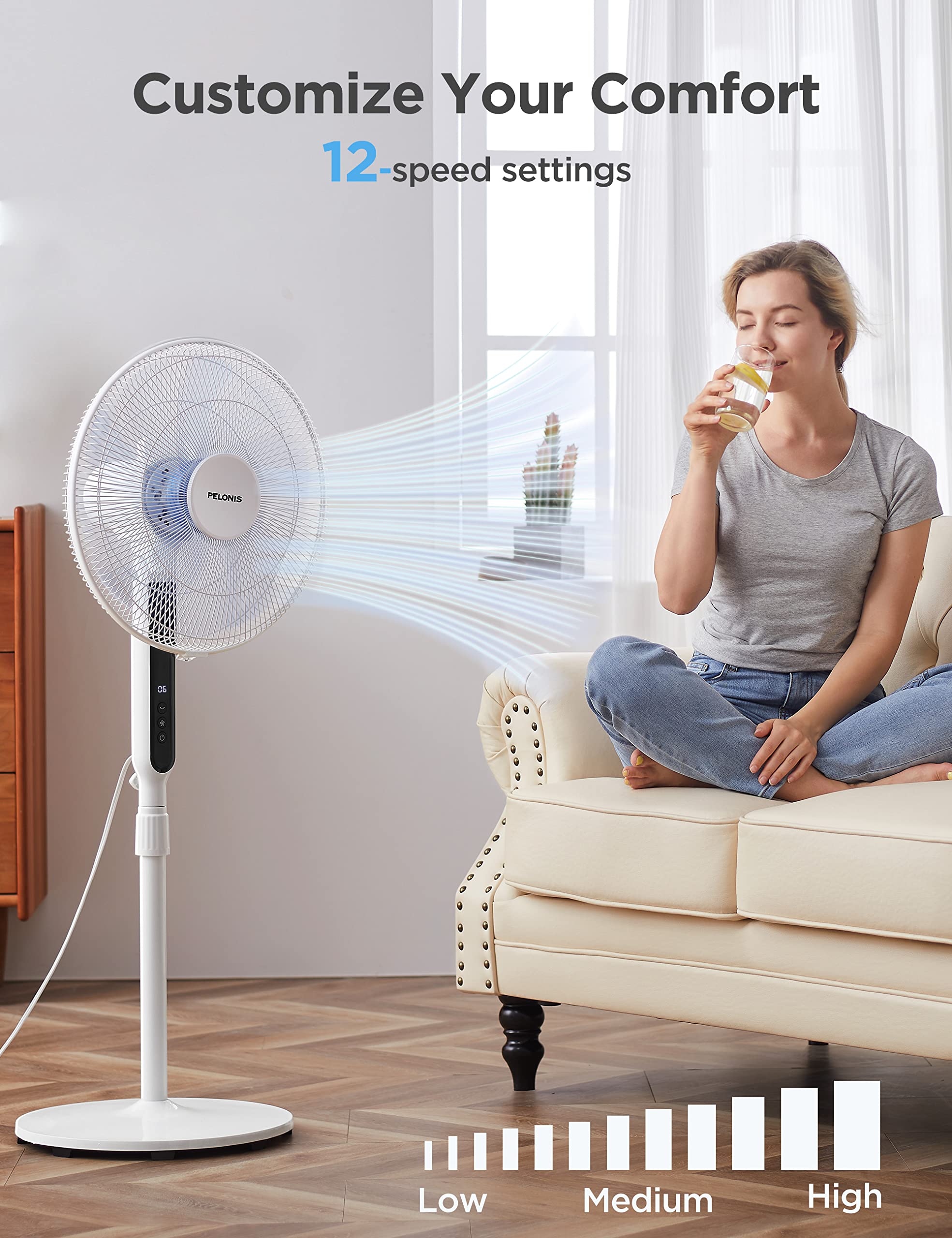 Pelonis 16in pedestal fan side view, wide 85° oscillation for whole-room coverage.