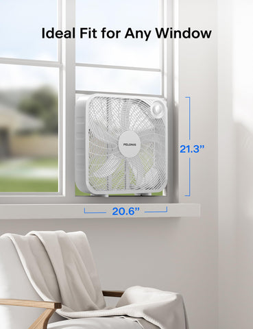 Pelonis 20-inch box fan in floor-use position cooling a room