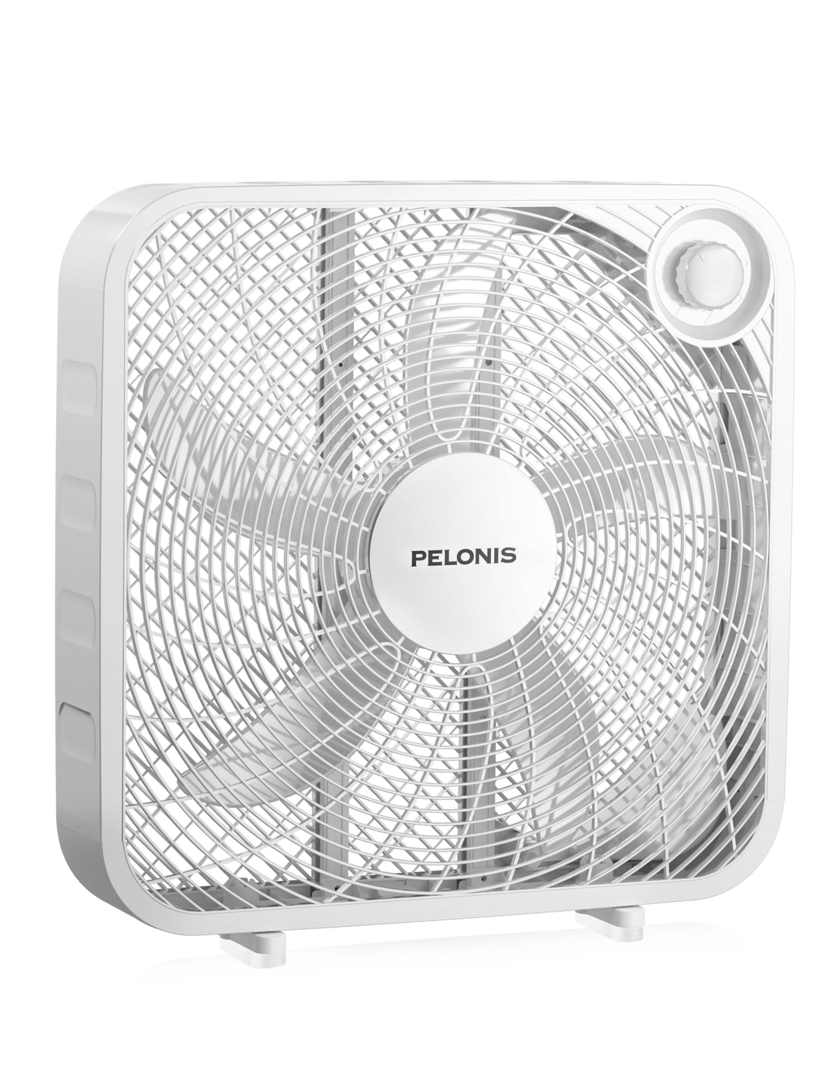 Pelonis 20-inch box fan front view delivering strong airflow for larger spaces