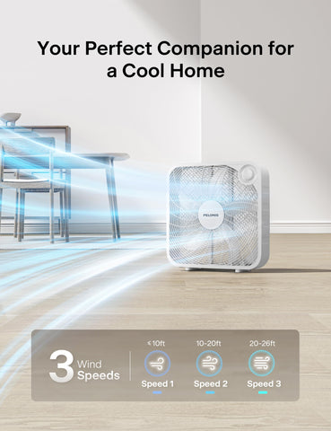 Pelonis 20-inch box fan side view highlighting portable design