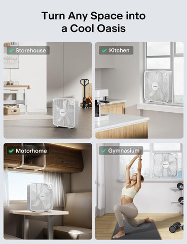 Pelonis 20-inch box fan on table demonstrates personal cooling