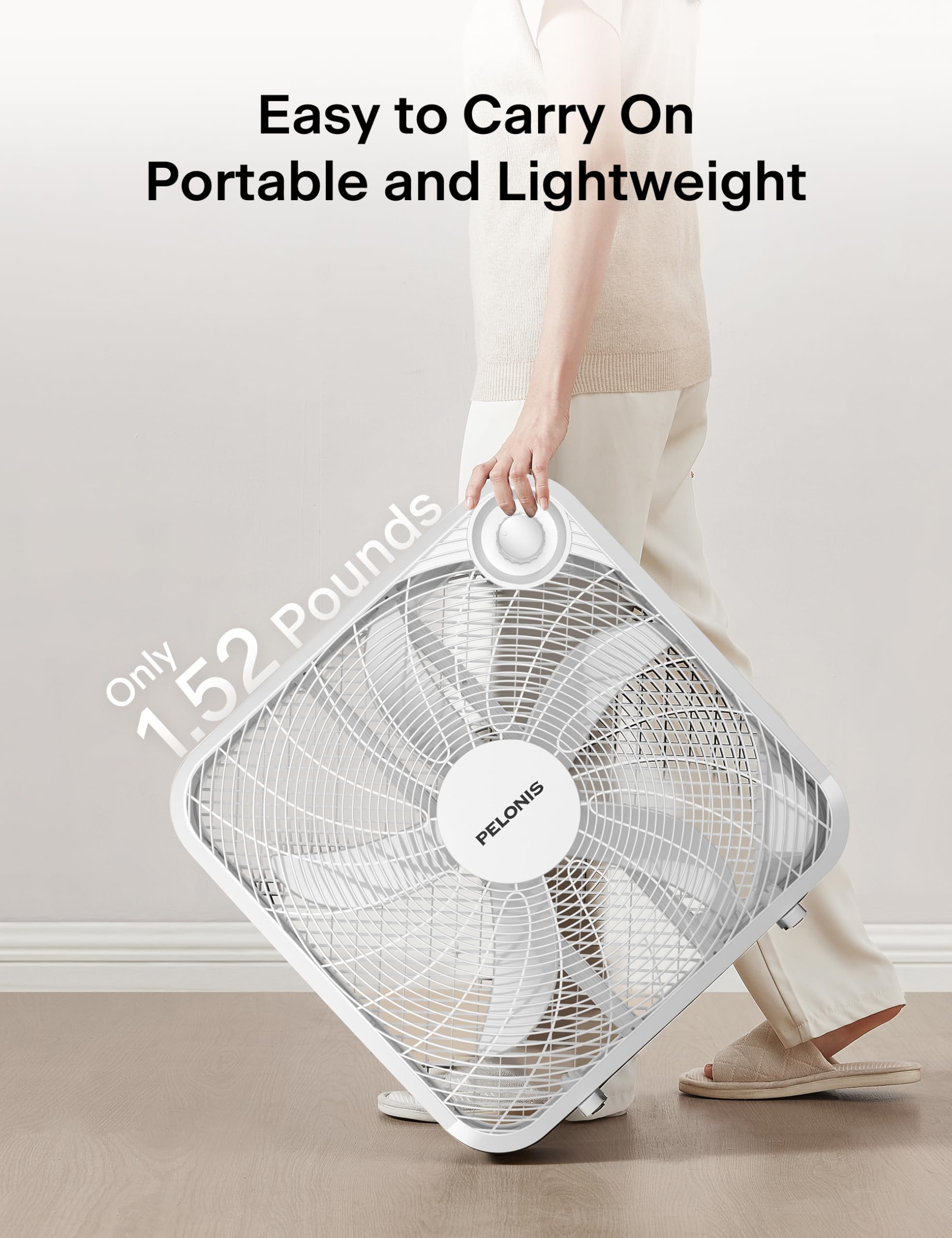 Pelonis 20-inch box fan window-mount setup for fresh air intake