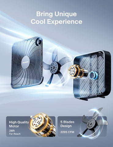Pelonis 20-inch box fan on floor delivering whole-room air circulation.
