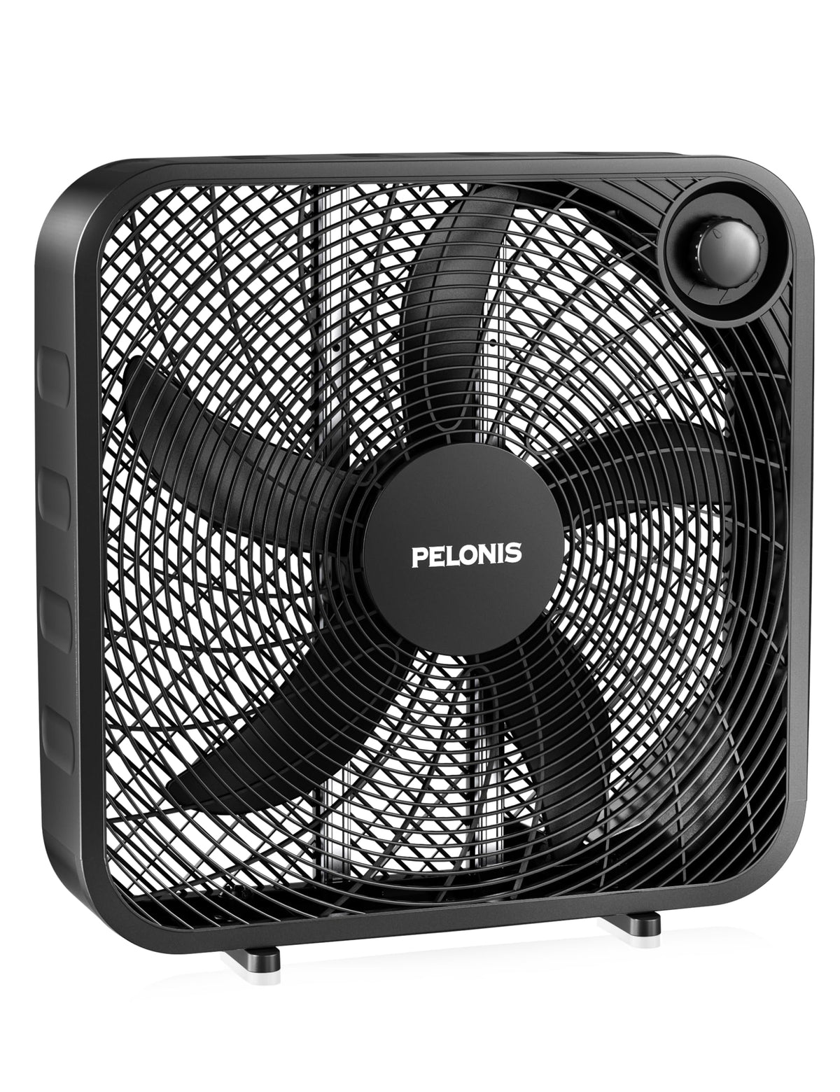 Pelonis 20-inch box fan motor closeup with durable copper motor for reliable cooling.