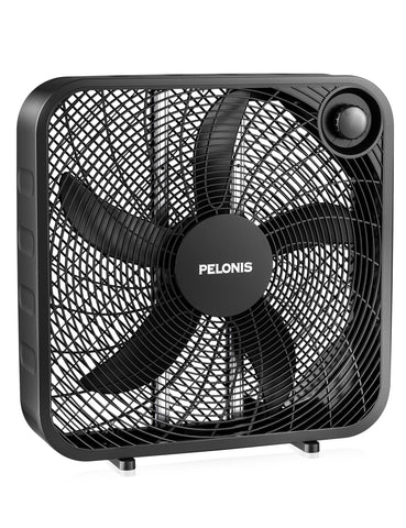 Pelonis 20-inch box fan motor closeup with durable copper motor for reliable cooling.