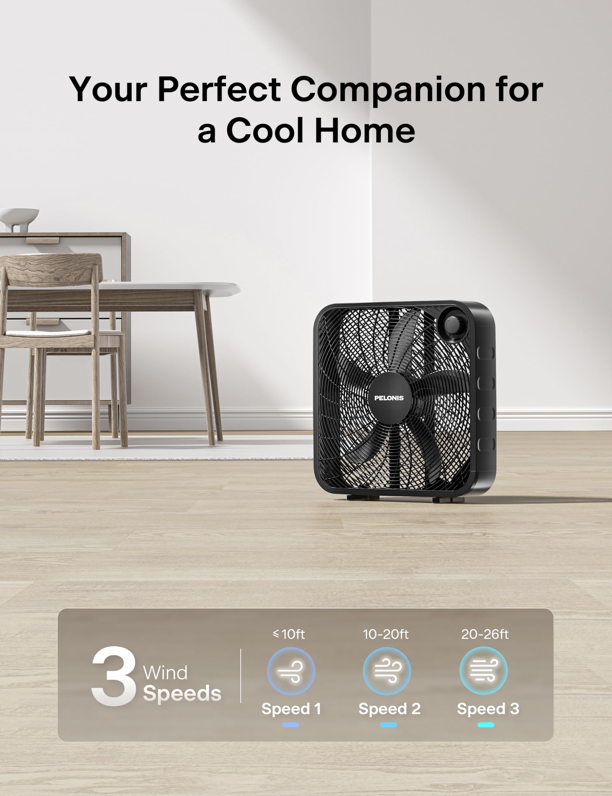 Pelonis 20-inch box fan on a table for targeted personal cooling.