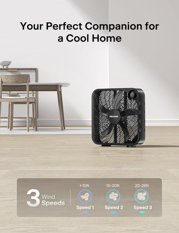 Pelonis 20-inch box fan on a table for targeted personal cooling.
