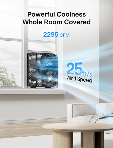 Pelonis 20-inch box fan window mount demonstrating versatile installation for fresh air.