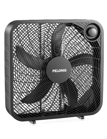 PELONIS 20-inch box fan delivers powerful bedroom airflow for cooling comfort.