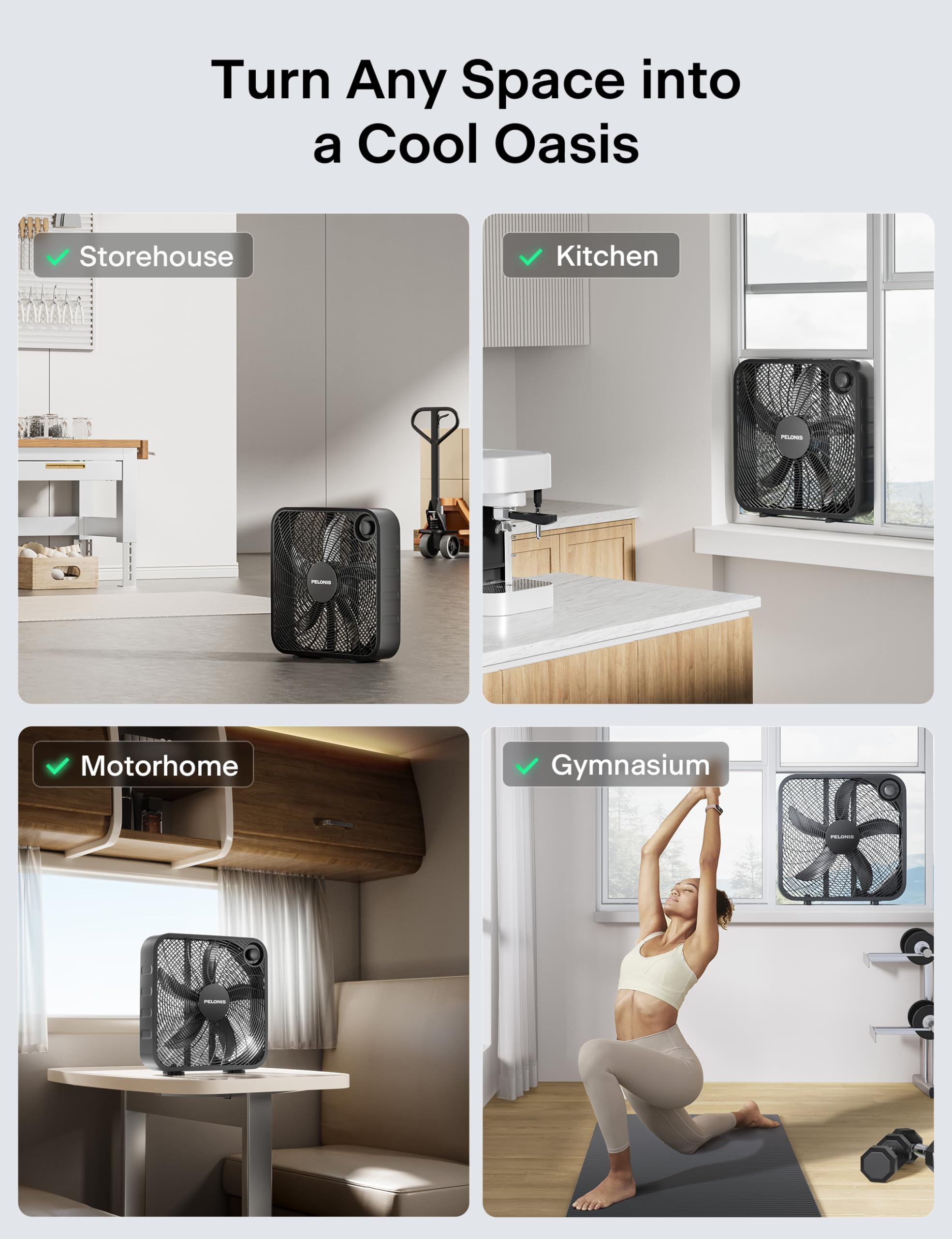 Durable copper motor inside the PELONIS box fan supports long-lasting performance.