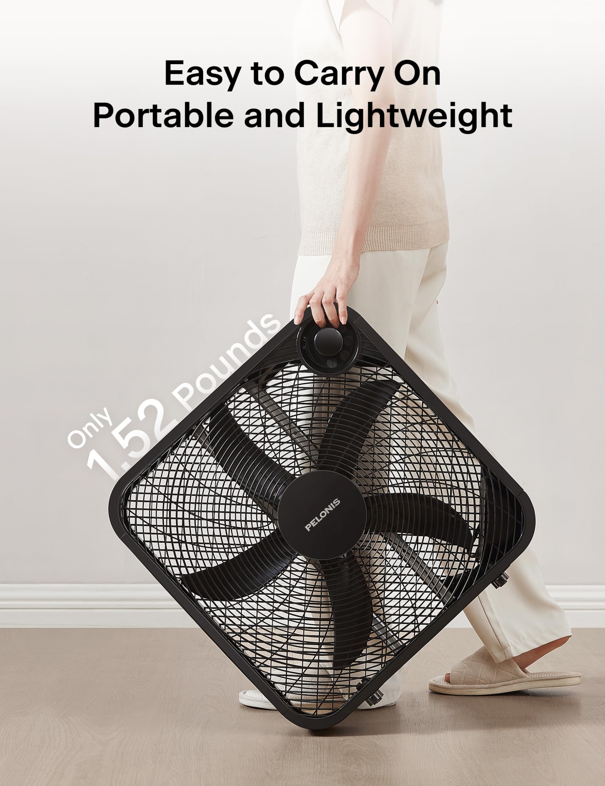 Portable, lightweight PELONIS box fan with built-in handle for easy portability.