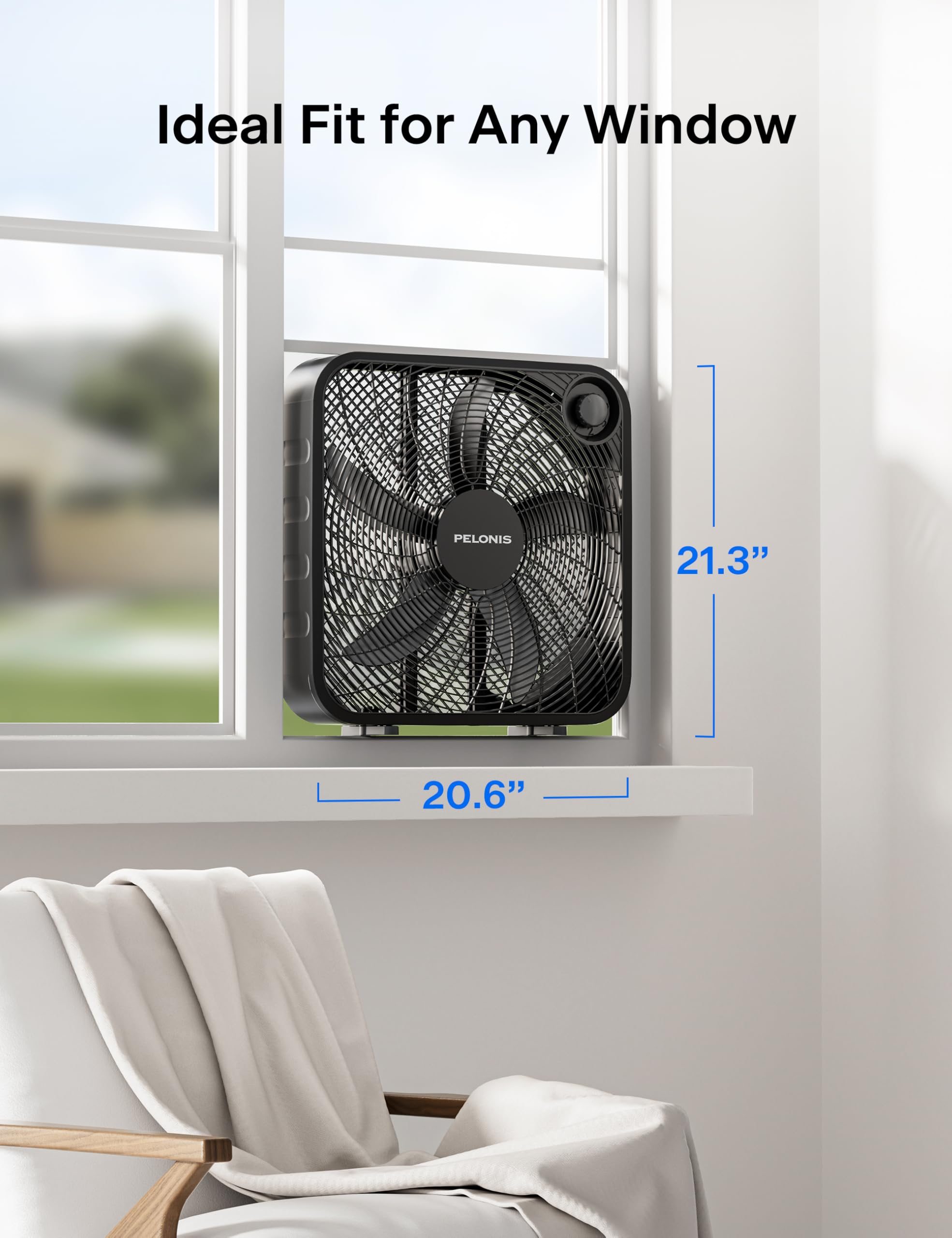 PELONIS box fan near a window offering versatile airflow for office spaces.