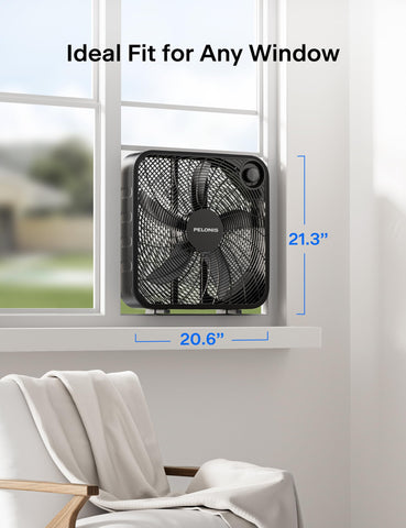PELONIS box fan near a window offering versatile airflow for office spaces.