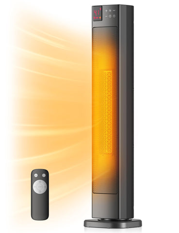 PELONIS 30-inch ceramic tower heater with remote control for easy temperature adjustments.