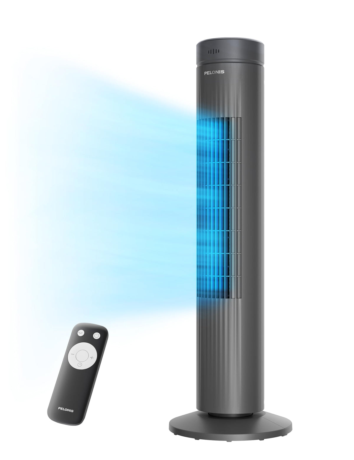 PELONIS 30-inch oscillating tower fan in a bedroom delivering wide airflow.