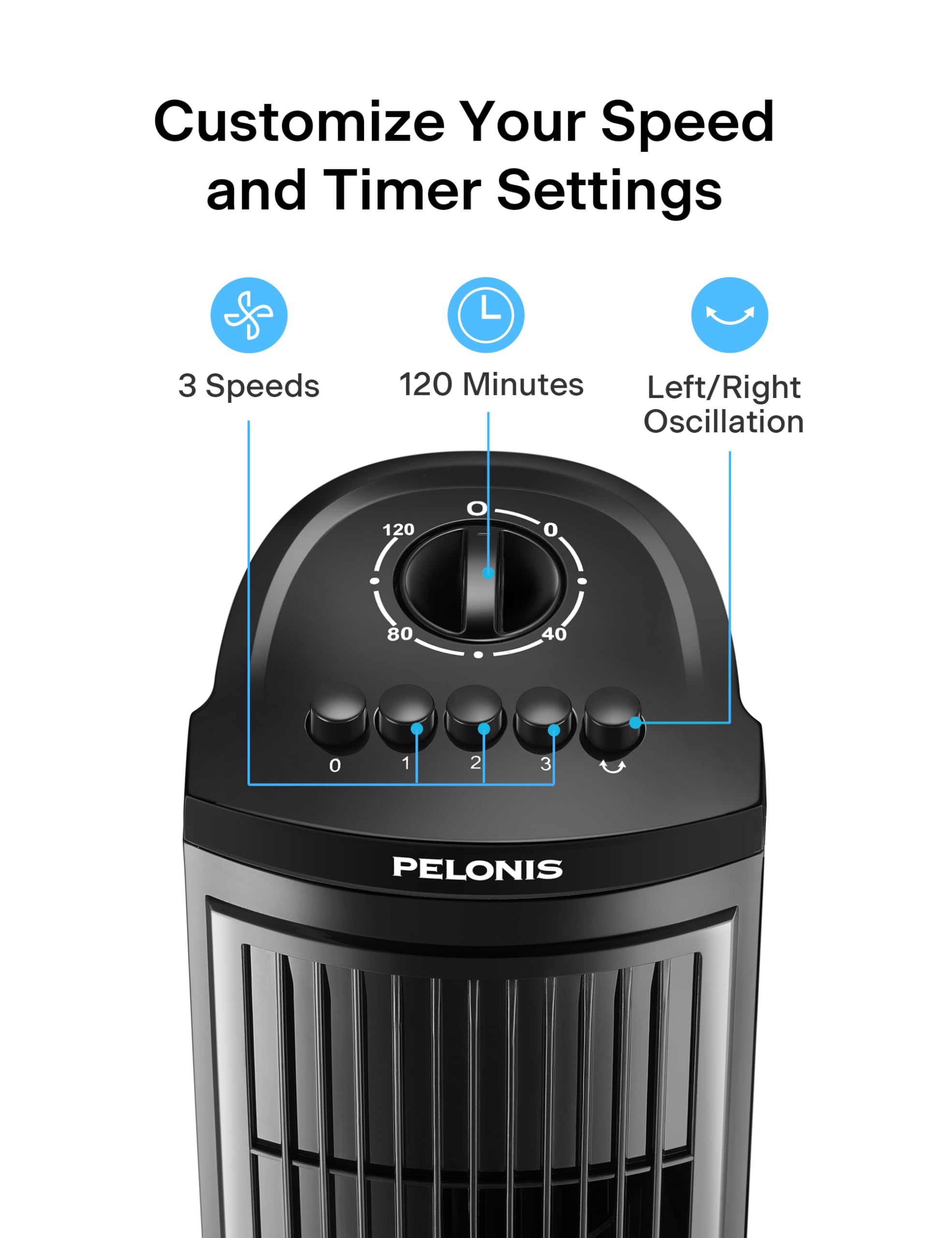 PELONIS 30-inch tower fan compact design fits apartments and desks.