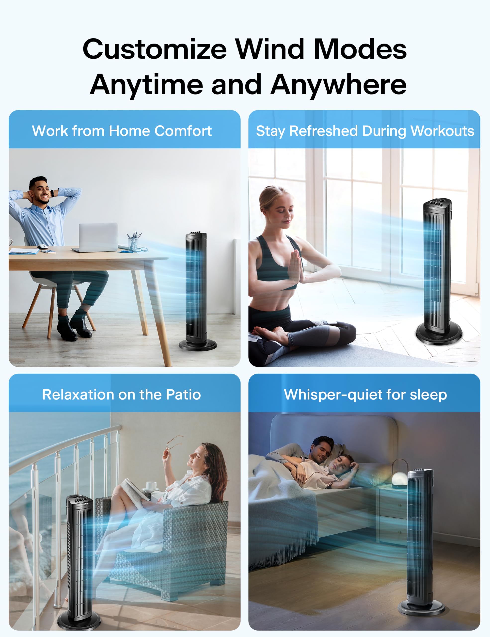 PELONIS 30-inch tower fan control panel highlights easy three-speed adjustments.
