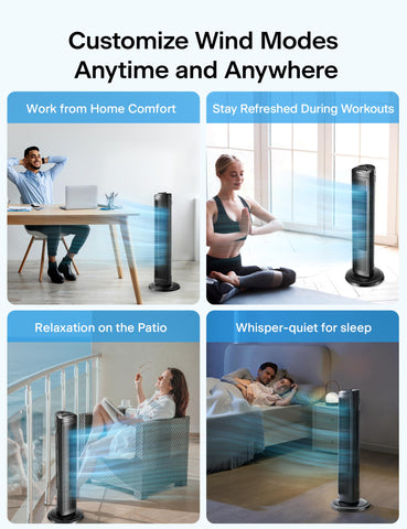 PELONIS 30-inch tower fan control panel highlights easy three-speed adjustments.