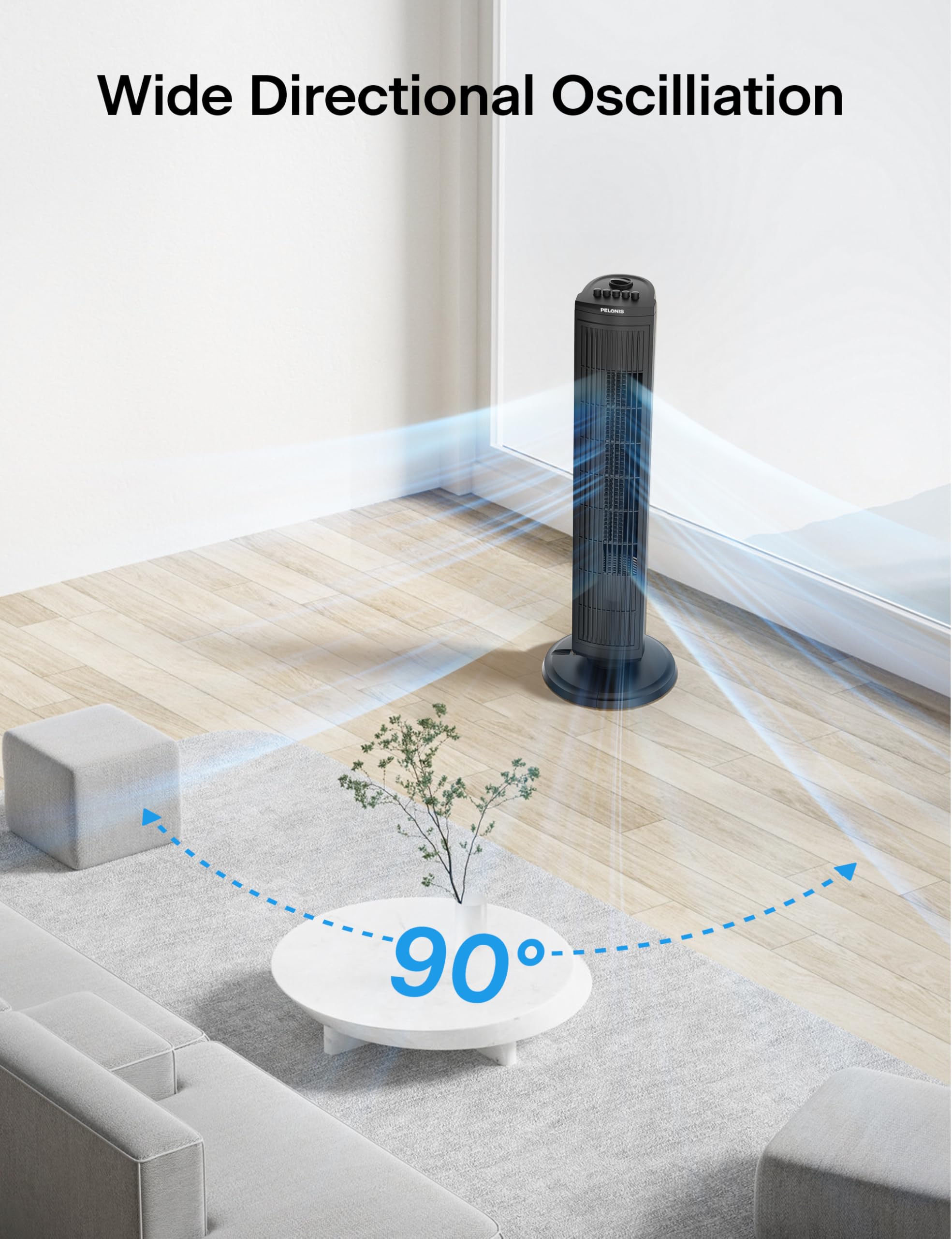 PELONIS 30-inch tower fan oscillation feature ensures even air distribution.