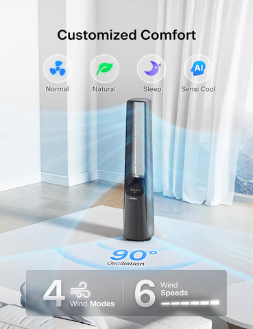 PELONIS 40 inch bladeless tower fan showing 90 degree oscillation for even airflow