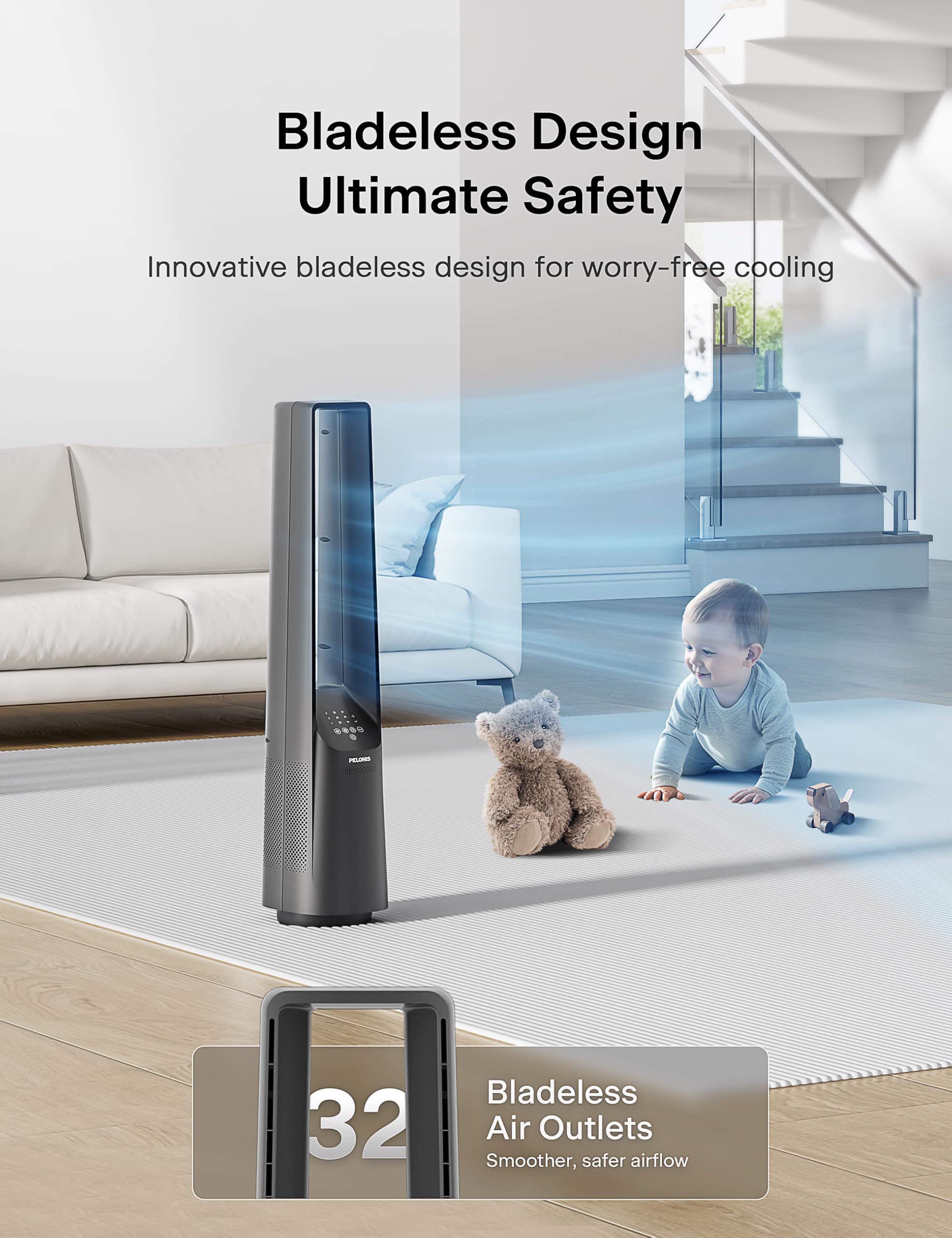 PELONIS 40 inch bladeless tower fan DC motor highlighted for energy efficiency