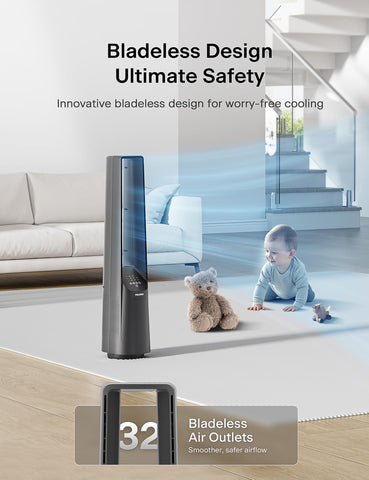 PELONIS 40 inch bladeless tower fan DC motor highlighted for energy efficiency