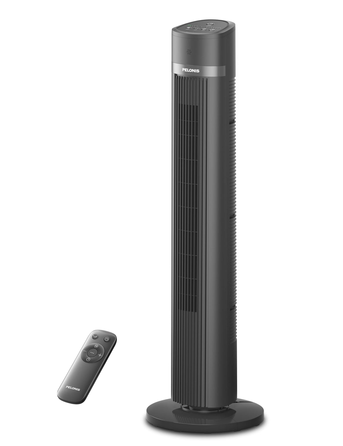 Pelonis 40-inch bladeless tower fan front view shows powerful airflow.